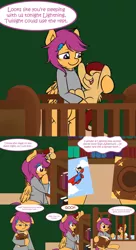 Size: 2100x3850 | Tagged: safe, artist:omgproductions, derpibooru import, scootaloo, oc, oc:lightning blitz, pegasus, pony, comic:ask motherly scootaloo, baby, baby pony, book, bookshelf, colt, comic, crib, crying, female, hairpin, holding a pony, male, mother and son, motherly scootaloo, offspring, older, older scootaloo, parent:rain catcher, parent:scootaloo, parents:catcherloo, speech bubble, story time, superman, sweatshirt