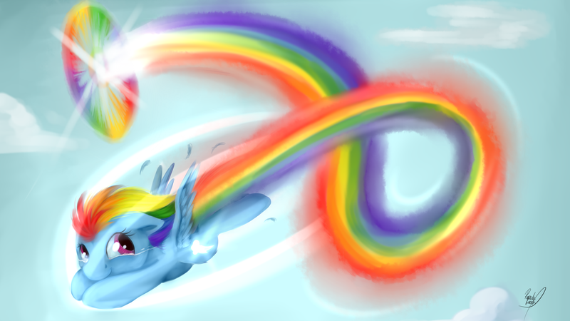 Size: 4096x2304 | Tagged: safe, artist:julunis14, derpibooru import, rainbow dash, pegasus, pony, cute, dashabetes, female, filly, flying, sky, smiling, solo, sonic rainboom, wallpaper