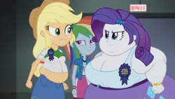 Size: 1280x720 | Tagged: suggestive, artist:neongothic, derpibooru import, edit, edited screencap, screencap, applejack, rainbow dash, rarity, equestria girls, amplejack, applefat, bbw, belly, belly button, big belly, big breasts, bingo wings, bloated, breasts, busty rarity, cleavage, double chin, fat, fat edit, food, morbidly obese, obese, pie, raritubby, ssbbw, story included, weight gain