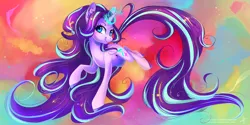 Size: 3464x1732 | Tagged: safe, artist:wilvarin-liadon, derpibooru import, starlight glimmer, pony, unicorn, female, impossibly long hair, impossibly long tail, long mane, long tail, mare, rainbow power, smiling, solo