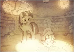 Size: 2777x1951 | Tagged: safe, artist:sherwoodwhisper, derpibooru import, owlowiscious, spike, sweetie belle, twilight sparkle, bird, dragon, mouse, pony, snail, unicorn, book, comic book, female, filly, golden oaks library, library, male, mare, monochrome, reading, sleeping, smiling, traditional art