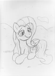 Size: 2550x3506 | Tagged: safe, artist:otakuponi, derpibooru import, fluttershy, pegasus, pony, folded wings, grayscale, head turn, lying down, monochrome, prone, smiling, solo, traditional art