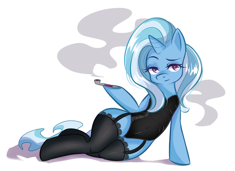 Size: 3366x2450 | Tagged: suggestive, artist:daifuku_san, derpibooru import, trixie, pony, unicorn, bodice, clothes, female, leotard, lidded eyes, lingerie, mare, pipe, simple background, smoke, smoking, solo, solo female, stockings, thigh highs, white background