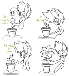 Size: 1812x1987 | Tagged: safe, artist:nekro-led, derpibooru import, oc, oc:nekro led, unofficial characters only, earth pony, pony, comic, earth pony oc, flower, lineart, meme, plant pot, smiling, text, watering can