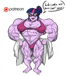 Size: 1500x1710 | Tagged: suggestive, artist:bluecarnationstudios, artist:guitartist03, derpibooru import, sci-twi, twilight sparkle, comic:the amazonian effect, equestria girls, abs, biceps, bra, breasts, clothes, female, fetish, hyper, hyper muscle, lab coat, muscle fetish, muscles, overdeveloped muscles, panties, patreon, patreon logo, solo, solo female, thighs, twilight muscle, underwear