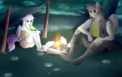 Size: 3000x1900 | Tagged: anthro, artist:huckser, campfire, clothes, derpibooru import, fallout, night, oc, oc:lightning flash, oc:nightly skies, outdoors, safe, unofficial characters only