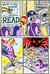 Size: 778x1140 | Tagged: suggestive, artist:owlbookfort, derpibooru import, edit, owlowiscious, starlight glimmer, sunset shimmer, twilight sparkle, twilight sparkle (alicorn), alicorn, owl, pony, snake, spider, unicorn, book, bookhorse, comic, entangled, magical trio, necronomicon, parody, perry bible fellowship, poster, rainbow, skull, smiling, stars, that pony sure does love books, this ended in tears, unicorn twilight