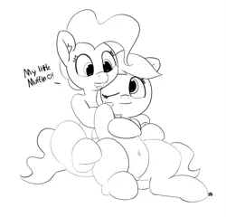 Size: 1280x1230 | Tagged: safe, artist:pabbley, derpibooru import, derpy hooves, mayor mare, pony, 30 minute art challenge, cuddling, cute, dialogue, female, lesbian, mare, mayorhooves, monochrome, shipping