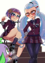 Size: 666x932 | Tagged: suggestive, artist:soxtin, derpibooru import, edit, spike, spike the regular dog, sugarcoat, sunny flare, dog, equestria girls, friendship games, ass, blushing, bottomless, breasts, clothes, crystal prep academy uniform, drool, heart eyes, heavy breathing, human coloration, leggings, legs, looking at you, no panties, panting, pantyhose, pigtails, school uniform, see-through, see-through skirt, shoes, skirt, skirt lift, socks, stairs, transparent, twintails, upskirt, wingding eyes