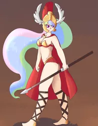 Size: 2203x2826 | Tagged: armor, artist:fluffleduckle, breasts, cape, clothes, derpibooru import, female, helmet, human, humanized, princess celestia, simple background, solo, solo female, suggestive, unconvincing armor