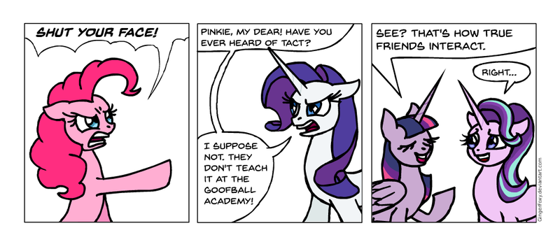 Size: 998x419 | Tagged: safe, artist:gingerfoxy, derpibooru import, pinkie pie, rarity, starlight glimmer, twilight sparkle, alicorn, earth pony, pony, unicorn, pony comic generator, angry, comic, dialogue, female, mare, yelling