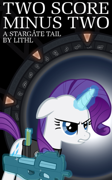 Size: 682x1091 | Tagged: safe, artist:totallynotabronyfim, derpibooru import, rarity, pony, unicorn, clothes, cover art, female, floppy ears, mare, p90, solo, stargate, vest, weapon