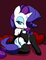 Size: 1153x1500 | Tagged: suggestive, artist:hidden-cat, derpibooru import, rarity, pony, unicorn, black underwear, bodice, boob window, clothes, female, garter belt, hair over one eye, leotard, lingerie, mare, pillow, raritights, smiling, solo, solo female, stupid sexy rarity, underwear