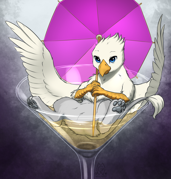 Size: 2000x2096 | Tagged: safe, artist:mykegreywolf, derpibooru import, oc, oc:der, unofficial characters only, gryphon, alcohol, cocktail, cocktail glass, drink, glass, griffon oc, micro, paws, solo, umbrella, underpaw