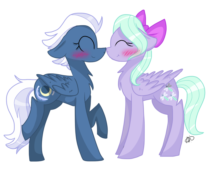Size: 2200x1700 | Tagged: safe, artist:thepegasisterpony, derpibooru import, flitter, night glider, pegasus, pony, blushing, bow, crack shipping, eyes closed, female, hair bow, lesbian, mare, nightflitter, shipping, simple background, transparent background
