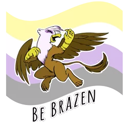 Size: 3000x3000 | Tagged: safe, artist:overlordneon, derpibooru import, gilda, gryphon, armpits, eyes closed, female, feminist ponies, happy, nonbinary, nonbinary pride flag, open mouth, positive ponies, pride, pride flag, pride month, signature, simple background, smiling, solo, transparent background