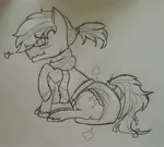 Size: 2268x2039 | Tagged: questionable, artist:l3lackout, derpibooru import, oc, oc:flux, unofficial characters only, pony, blushing, clothes, diaper, diaper fetish, fetish, monochrome, poofy diaper, scarf, sketch, solo, traditional art