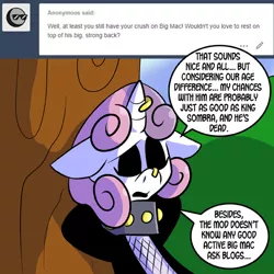 Size: 576x576 | Tagged: safe, artist:pembroke, derpibooru import, sweetie belle, pony, ask meanie belle, ask, big red macintosh, horn piercing, meanie belle, nose piercing, nose ring, piercing, solo, speech bubble, tumblr