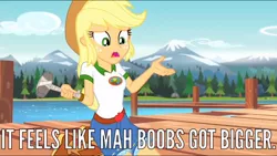 Size: 1024x576 | Tagged: suggestive, derpibooru import, edit, edited screencap, screencap, applejack, equestria girls, legend of everfree, breasts, bruce almighty, busty applejack, camp everfree, camp everfree outfits, caption, hammer, image macro, lake, meme