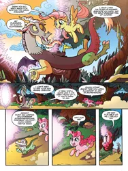 Size: 720x960 | Tagged: safe, artist:tonyfleecs, derpibooru import, idw, discord, fluttershy, gummy, pinkie pie, alligator, draconequus, earth pony, pegasus, pony, discordant harmony, spoiler:comic, spoiler:comic57, comic, female, male, mare, official comic, portal, preview