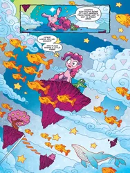 Size: 720x960 | Tagged: safe, artist:tonyfleecs, derpibooru import, idw, gummy, pinkie pie, earth pony, fish, pony, sky whale, whale, discordant harmony, spoiler:comic, spoiler:comic57, chaos, cloud, comic, female, floating island, mare, official comic, preview, the discord zone