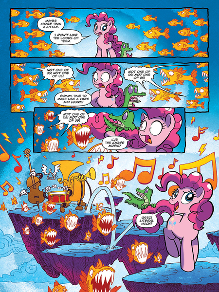 Size: 720x960 | Tagged: safe, artist:tonyfleecs, derpibooru import, idw, gummy, pinkie pie, fish, pony, discordant harmony, spoiler:comic, spoiler:comic57, cello, comic, floating island, musical instrument, official comic, preview, snare drum, the discord zone, triangle, trumpet, tuba