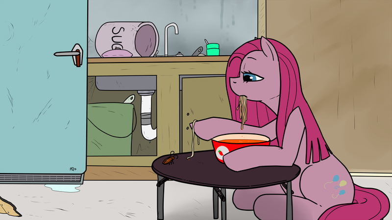 Size: 1600x900 | Tagged: safe, artist:pony quarantine, derpibooru import, pinkie pie, cockroach, earth pony, insect, pony, 4chan, bowl, bucket, drawthread, eating, female, food, lidded eyes, mare, noodles, pinkamena diane pie, ramen, refrigerator, roach, sitting, solo, soup, table