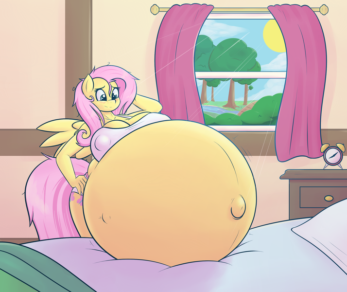 Size: 2179x1830 | Tagged: questionable, artist:funble, derpibooru import, fluttershy, anthro, alarm clock, bed, belly, belly button, big belly, breasts, busty fluttershy, cleavage, clock, clothes, female, hyper, hyper pregnancy, impossibly large belly, messy mane, morning ponies, nightgown, outie belly button, preggoshy, pregnant, redraw, solo, solo female, story included, sunrise, tired, waking up, window