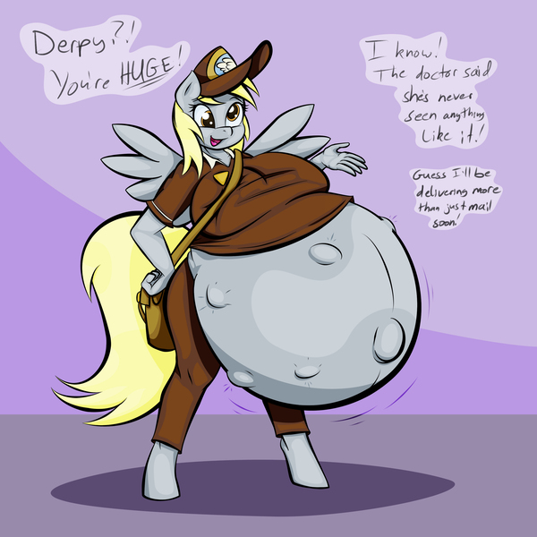 Size: 3000x3000 | Tagged: anthro, artist:funble, belly, belly bumps, breasts, busty derpy hooves, colored, color edit, colorist:lurkerden, derpibooru import, derpy hooves, edit, hyper, hyper pregnancy, kicking, mailbag, mailmare, outie belly button, overdue, pregnant, pun, suggestive, unguligrade anthro