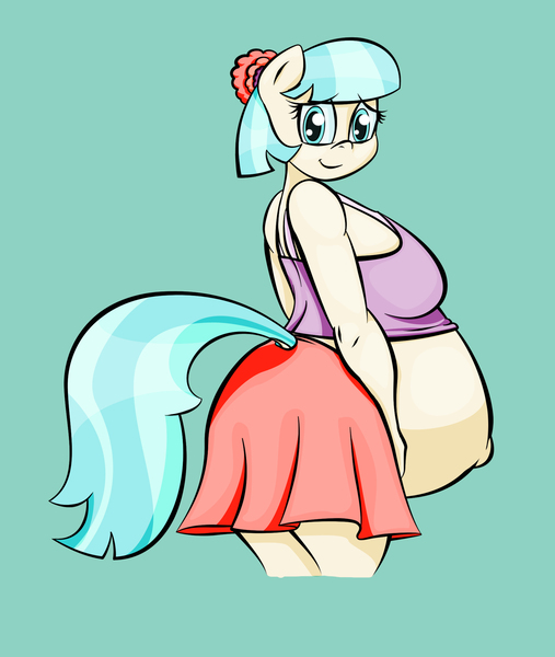 Size: 1765x2089 | Tagged: anthro, artist:funble, belly, big belly, clothes, coco pommel, coco preggo, colored, color edit, colorist:lurkerden, derpibooru import, edit, female, hyper, hyper pregnancy, looking at you, pregnant, safe, skirt, solo