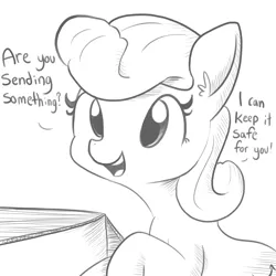 Size: 1584x1584 | Tagged: safe, artist:tjpones, derpibooru import, oc, oc:packing peanuts, ponified, unofficial characters only, earth pony, object pony, original species, pony, amazon.com, box, cardboard box, cute, cutie mark, dialogue, ear fluff, female, grayscale, i can't believe it's not badumsquish, mare, monochrome, open mouth, packing peanuts, simple background, sketch, smiling, solo, white background
