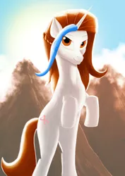 Size: 1024x1448 | Tagged: safe, artist:casparraillen, derpibooru import, oc, oc:trueheart, unofficial characters only, pony, blue sky, blue streak, brown eyes, brown hair, brown mane, cloud, daylight, fog, mist, mountain, standing, sunset, trueheart