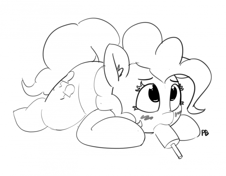 Size: 1280x1000 | Tagged: safe, artist:pabbley, derpibooru import, pinkie pie, earth pony, pony, 30 minute art challenge, blushing, ear fluff, female, food, mare, monochrome, popsicle, prone, simple background, solo, suggestive eating, white background