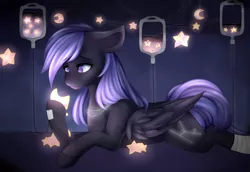 Size: 2684x1850 | Tagged: safe, artist:dusty-onyx, derpibooru import, oc, oc:starry night, unofficial characters only, pegasus, pony, female, floppy ears, fog, iv, iv bags, prone, solo, stars, tape