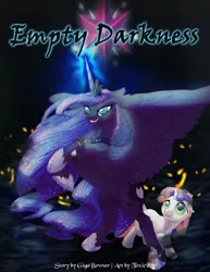 Size: 833x1078 | Tagged: safe, artist:t0xiceye, derpibooru import, princess luna, sweetie belle, pony, fanfic, creature, darkness, empty darkness, fanfic art, glowing eyes, glowing horn, glowing mouth
