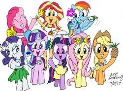 Size: 2624x1944 | Tagged: safe, artist:newportmuse, derpibooru import, applejack, fluttershy, pinkie pie, rainbow dash, rarity, starlight glimmer, sunset shimmer, twilight sparkle, equestria girls, clothes, cute, flower, flower in hair, food, grass skirt, hawaiian, hawaiian flower in hair, hula, hularity, leaf skirt, mane eight, mane six, pineapple, pineapplejack, skirt