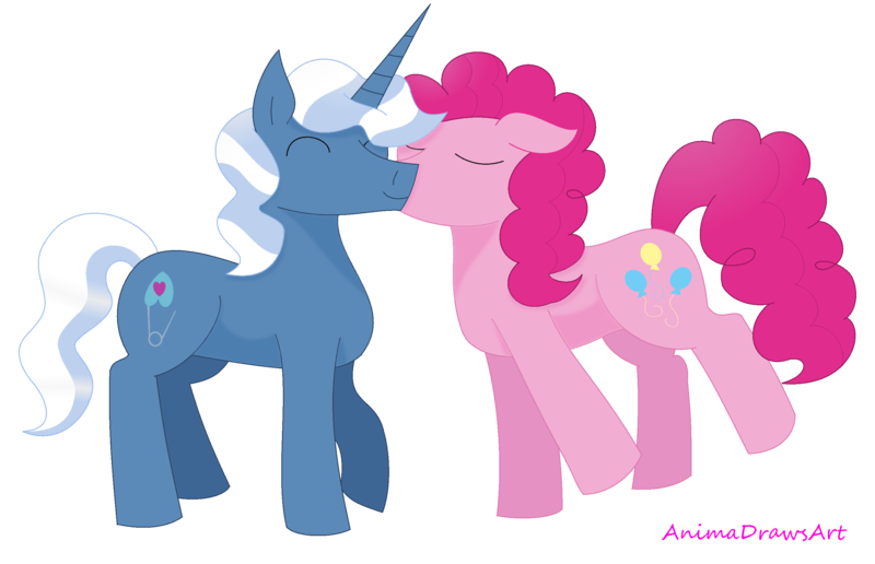 Size: 2668x1720 | Tagged: safe, artist:animadrawsart, derpibooru import, pinkie pie, pokey pierce, pony, eyes closed, female, kissing, male, pokeypie, shipping, simple background, straight, transparent background