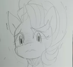 Size: 998x905 | Tagged: safe, artist:maren, derpibooru import, starlight glimmer, pony, unicorn, bust, crying, doodle, frown, monochrome, portrait, shivering, solo, traditional art