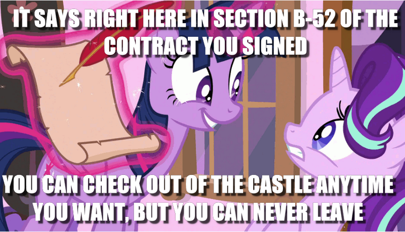 Size: 856x492 | Tagged: safe, derpibooru import, edit, edited screencap, screencap, starlight glimmer, twilight sparkle, twilight sparkle (alicorn), alicorn, pony, a royal problem, contract, hotel california, image macro, meme, song reference, the eagles