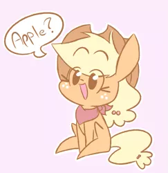 Size: 837x862 | Tagged: safe, artist:typhwosion, derpibooru import, applejack, earth pony, pony, apple, bunny sitting, clothes, cute, dialogue, female, happlejack, happy, jackabetes, mare, open mouth, pink background, scarf, simple background, sitting, smiling, solo, that pony sure does love apples, weapons-grade cute