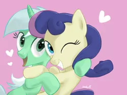 Size: 2732x2048 | Tagged: safe, artist:soshyqqq, derpibooru import, bon bon, lyra heartstrings, sweetie drops, earth pony, pony, unicorn, best friends, female, heart, hug, lesbian, looking at you, lyrabon, one eye closed, pink background, shipping, simple background, smiling, tongue out, wink, wrong eye color