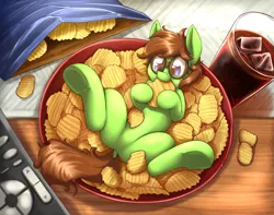 Size: 2879x2271 | Tagged: safe, artist:otakuap, derpibooru import, oc, unofficial characters only, pony, chips, commission, cute, eating, featureless crotch, food, glasses, male, micro, nom, soda, solo, stallion, tiny ponies, ych result