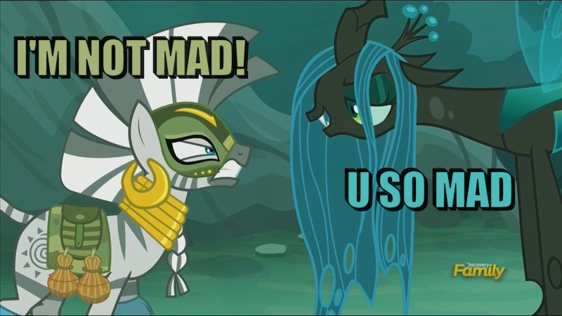 Size: 800x450 | Tagged: safe, derpibooru import, edit, edited screencap, screencap, queen chrysalis, zecora, changeling, changeling queen, pony, zebra, the cutie re-mark, alternate timeline, chrysalis resistance timeline, discovery family logo, everfree forest, female, forest, meme, resistance leader zecora, u mad