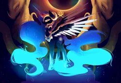 Size: 1024x705 | Tagged: safe, artist:nutty-stardragon, derpibooru import, daybreaker, nightmare moon, alicorn, pony, a royal problem, color porn, constellation, eclipse, female, fusion, helmet, long mane, long tail, looking at you, mare, slit eyes, solo, xk-class end-of-the-world scenario