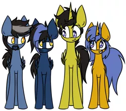 Size: 2053x1825 | Tagged: safe, artist:nekro-led, derpibooru import, oc, oc:cobalt, oc:golden glow, oc:pierce, oc:shimmer, unofficial characters only, alicorn, pegasus, pony, unicorn, :t, beard, colored wings, colored wingtips, facial hair, family, female, goatee, grin, male, mare, raised eyebrow, scar, simple background, smiling, smirk, squee, stallion, white background, winged unicorn