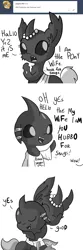 Size: 1584x4752 | Tagged: safe, artist:tjpones, derpibooru import, oc, oc:changeling husband, oc:pistachio, unofficial characters only, changeling, horse wife, ask, broken english, changeling oc, clothes, comic, cute, cuteling, dialogue, grayscale, jewelry, monochrome, necklace, pearl necklace, pretending, shirt, simple background, snugglo, suspiciously specific denial, t-shirt, tape, tumblr, white background, white changeling