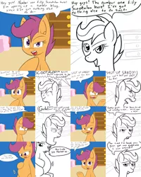 Size: 2560x3200 | Tagged: safe, artist:jake heritagu, derpibooru import, scootaloo, oc, oc:sandy hooves, pony, ask pregnant scootaloo, ask, bed, comic, dresser, female, filly, kicking, offscreen character, pillow, pregnant, pregnant scootaloo, teen pregnancy, tumblr