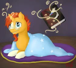 Size: 2800x2500 | Tagged: safe, artist:siekit442, derpibooru import, sunburst, pony, unicorn, blanket, book, glasses, magic, male, prone, smiling, solo, stallion