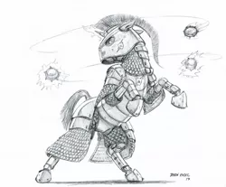 Size: 1400x1158 | Tagged: safe, artist:baron engel, derpibooru import, oc, oc:stone, unofficial characters only, pony, unicorn, armor, grayscale, helmet, looking back, magic, male, monochrome, pencil drawing, rearing, simple background, sketch, solo, stallion, traditional art, white background