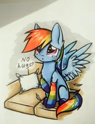 Size: 3145x4109 | Tagged: safe, artist:dark lightning, derpibooru import, rainbow dash, pegasus, pony, :<, cheek fluff, chest fluff, clothes, crying, cute, dashabetes, dialogue, ear fluff, feather, female, hnnng, hug request, hugs needed, looking up, mare, pillow, rainbow socks, raised hoof, sad, shoulder fluff, sitting, socks, solo, spread wings, striped socks